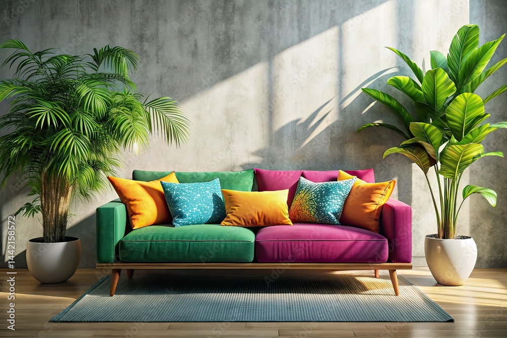 Minimalist Living Room Design: Colorful Sofa & Plant