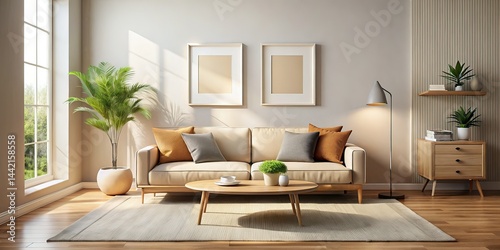 Obraz na płótnie Minimalist Living Room - Blank Artwork, Beige Sofa w salonie