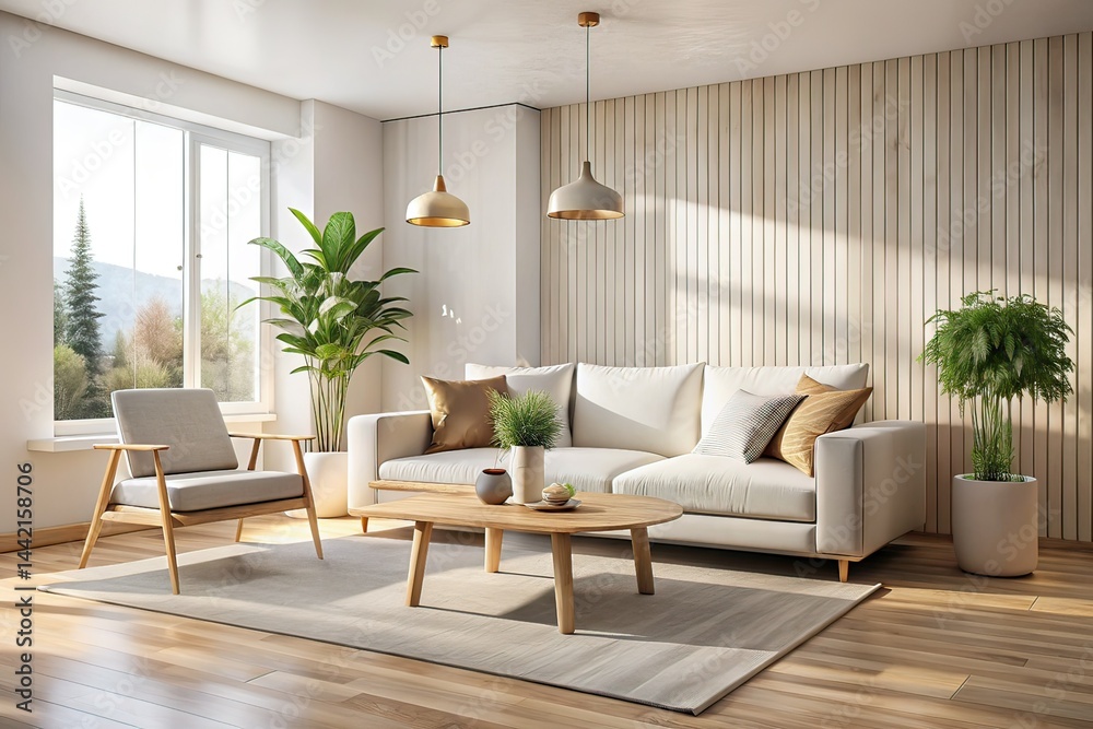 Minimalist Modern Living Room, White Sofa, Wooden Coffee Table AI Photo
