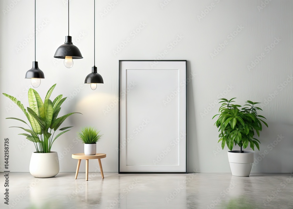 Minimalist Modern Studio Mockup - White Wall, Black Frame, Plants, Lamp