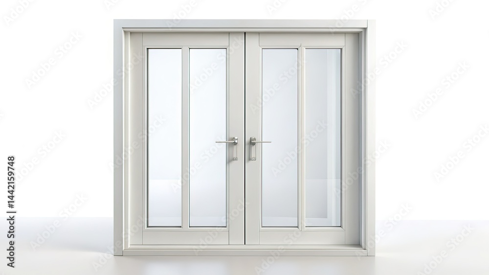 Minimalist White Plastic Double Door Window, Isolated