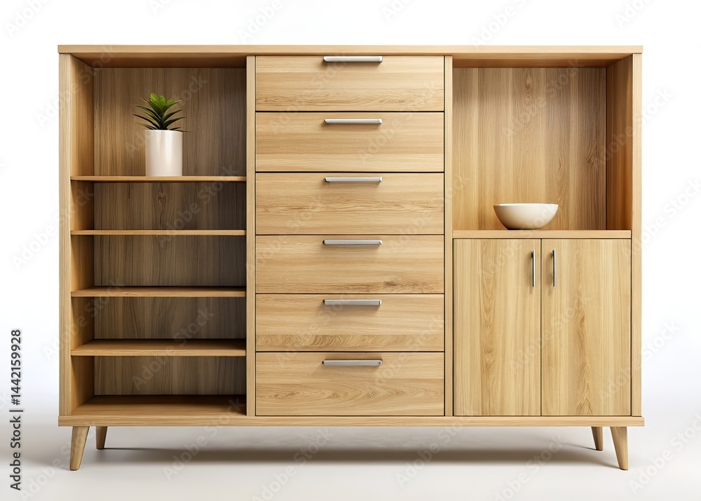 Minimalist Wooden Cabinet with Shelves and Drawers - AI Photo