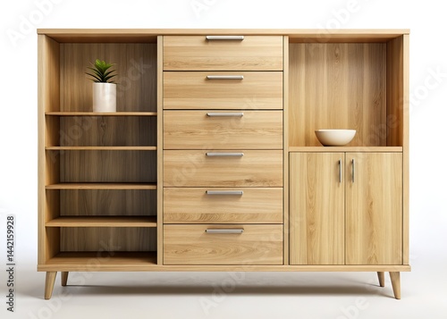 Obraz na płótnie Minimalist Wooden Cabinet with Shelves and Drawers - AI Photo w salonie