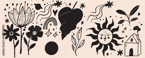 Hand-drawn vintage mystical and magic symbols illustration