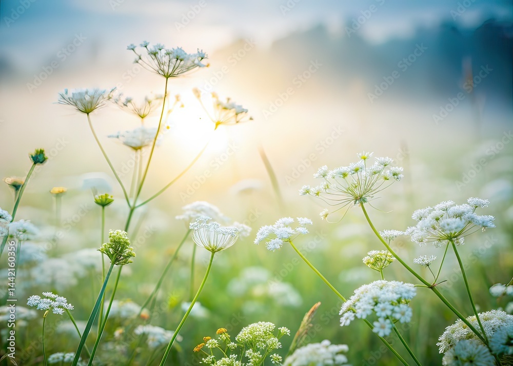 Misty Field White Wildflowers Bloom Closeup