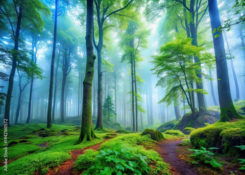 Obraz na płótnie Misty Forest Foggy Landscape, Dreamy Woods, Atmospheric Photography w salonie