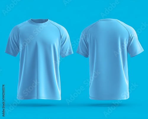Sports. Active recreation. Blank neon blue t-shirt mockup front, back view. Sportswear design template for outdoor sports safety. Active wear
