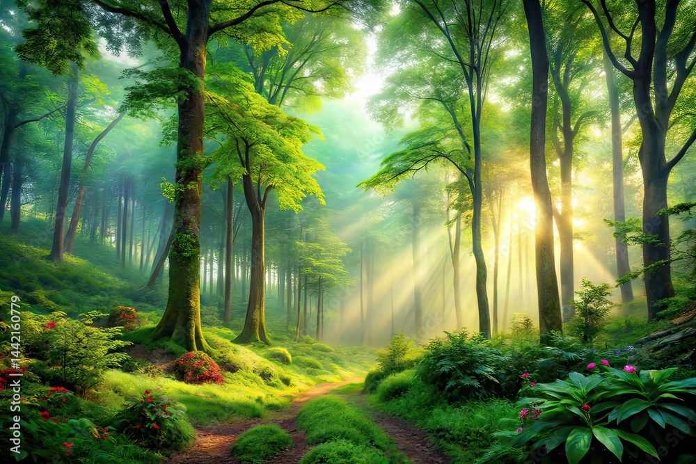 Misty Forest Landscape, Nature's Beauty, Enchanting Atmosphere, Lush Foliage, Serene Scenery