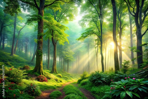 Obraz na płótnie Misty Forest Landscape, Nature's Beauty, Enchanting Atmosphere, Lush Foliage, Serene Scenery w salonie