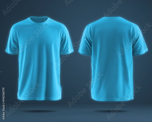 Sports. Active recreation. Blank neon blue t-shirt mockup front, back view. Sportswear design template for outdoor sports safety. Active wear