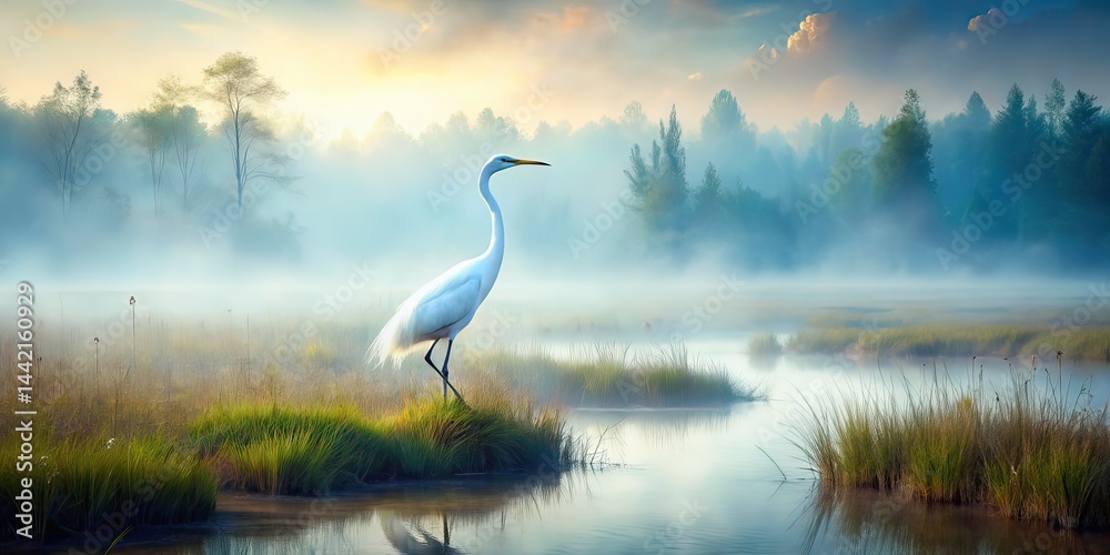 Misty Marsh Crane Double Exposure, Solitary Bird, Nature Photography