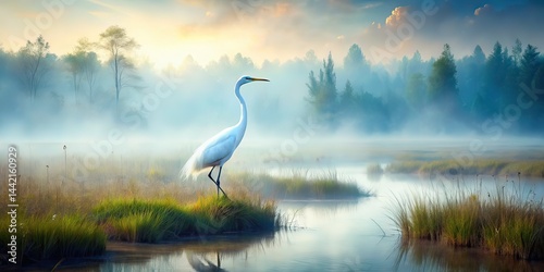 Obraz na płótnie Misty Marsh Crane Double Exposure, Solitary Bird, Nature Photography w salonie