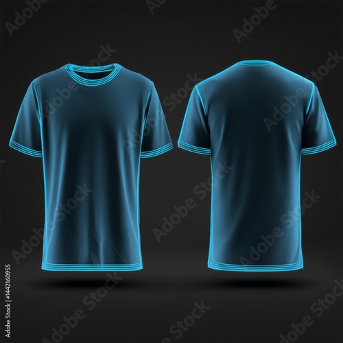 Sports. Active recreation. Blank neon blue t-shirt mockup front, back view. Sportswear design template for outdoor sports safety. Active wear