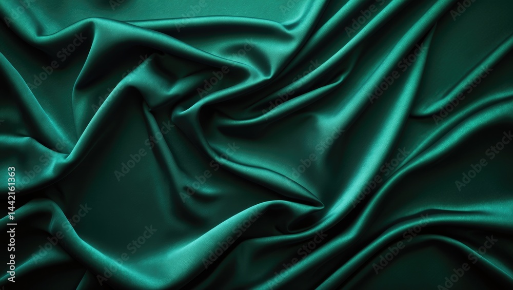 Fototapeta premium Silky dark green satin background with gentle folds on a smooth surface. Premium backdrop with space for creative design, wide banner, top view, flat lay.