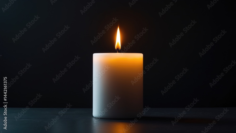 Glow of a single candle flame on a big white candle set against a black or dark backdrop with copy space Glow of a single candle flame on a big white candle set against a black or dark backdrop with copy space