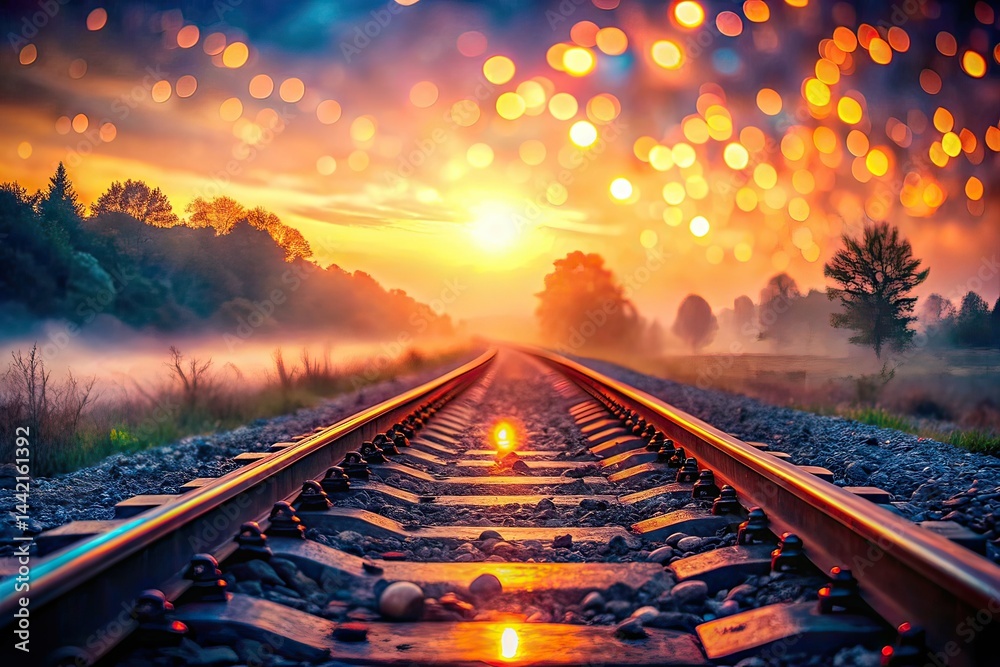 Misty Railway Sunset Reflections - Surreal AI Art