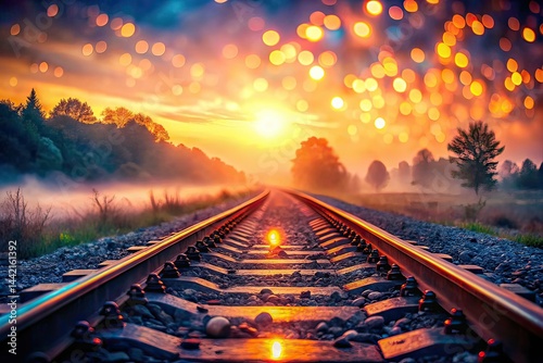 Obraz na płótnie Misty Railway Sunset Reflections - Surreal AI Art w salonie