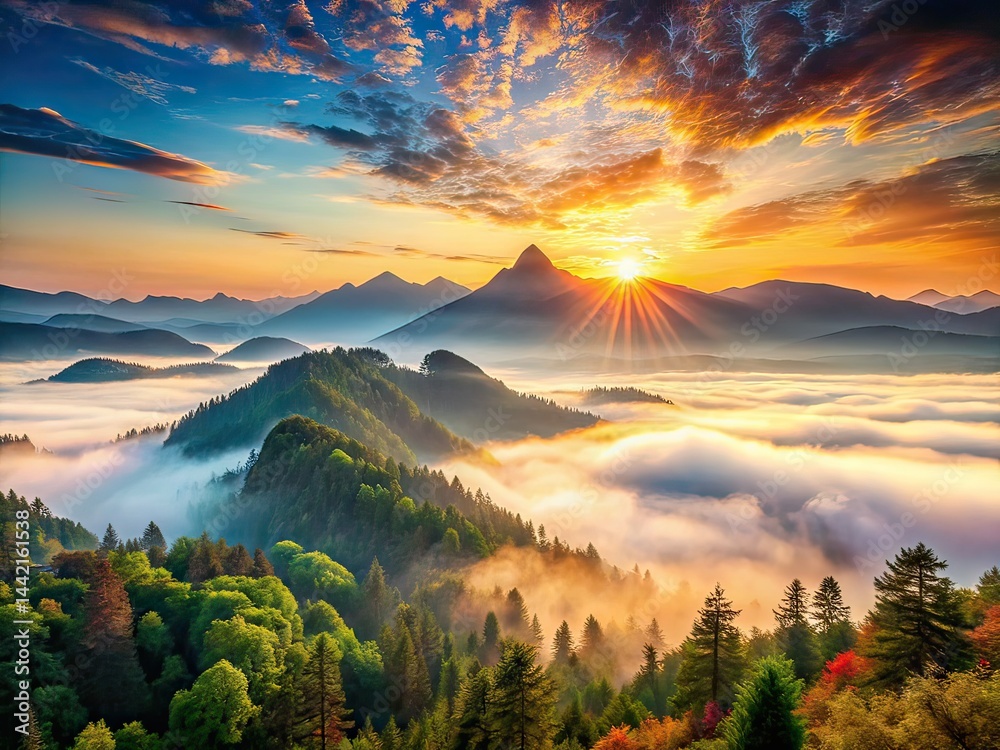 Misty Sunrise Mountain Peaks, Scenic Panorama, Serene Landscape