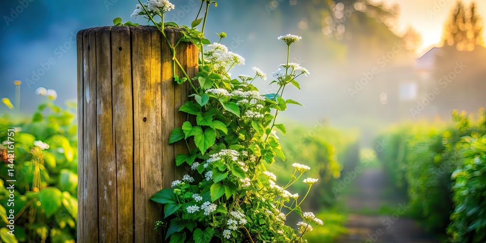 Misty Urban Exploration: Vines & Flowers on Wood Post
