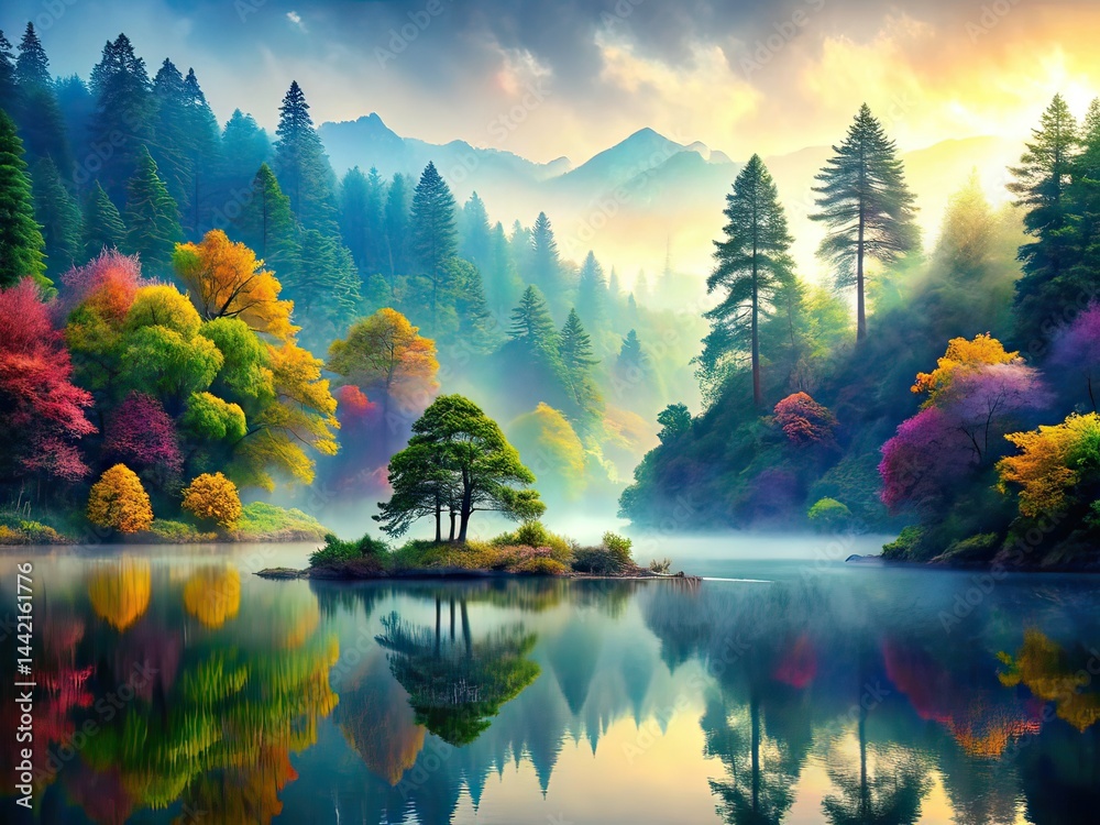 Misty Woodland Lake, Ukiyo-e Dreamscape, Minimalist Photography