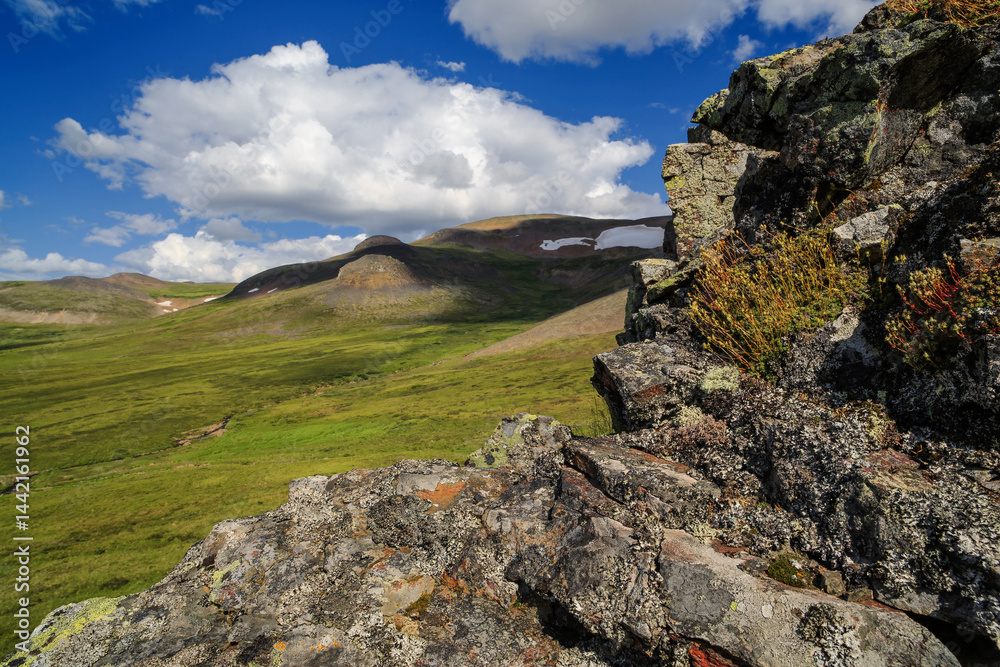 Summer Arctic landscape. Rocks in the foreground. Mountains and tundra in the distance. Travel and ecotourism in the wild. Northern nature of Siberia. Ushkany Ridge, Chukotka, Far East of Russia.