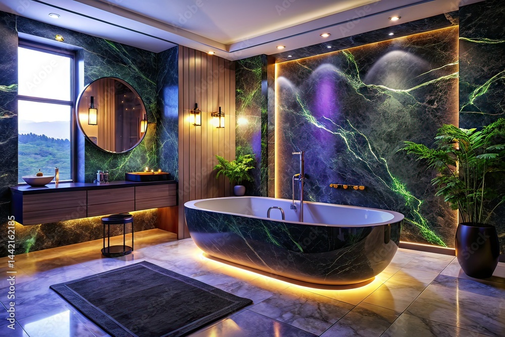 Modern Bathroom, Black Marble Jacuzzi, Ambient Lighting, Vintage Style