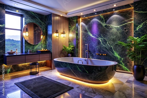 Obraz na płótnie Modern Bathroom, Black Marble Jacuzzi, Ambient Lighting, Vintage Style w salonie