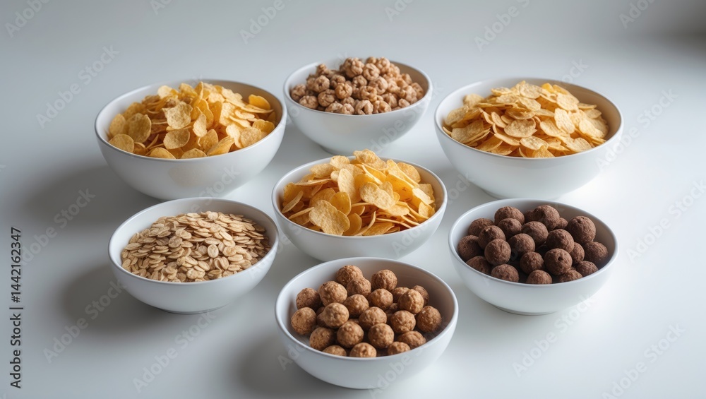 Group of cereal-filled bowls isolated on a background Group of cereal-filled bowls isolated on a background