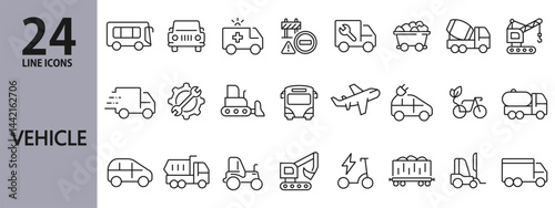 Vehicle line icons set with Transport, Delivery, Bus, Car, Ambulance, Airplane, Bicycle, Scooter and more. Editable Stroke