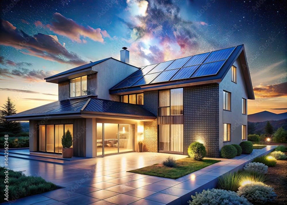 Modern Building with Solar Panels at Night - Architectural Blueprint Photorealistic