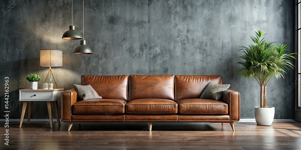 Modern Brown Leather Sofa, Gray Wall, Copy Space - Scandinavian Living Room