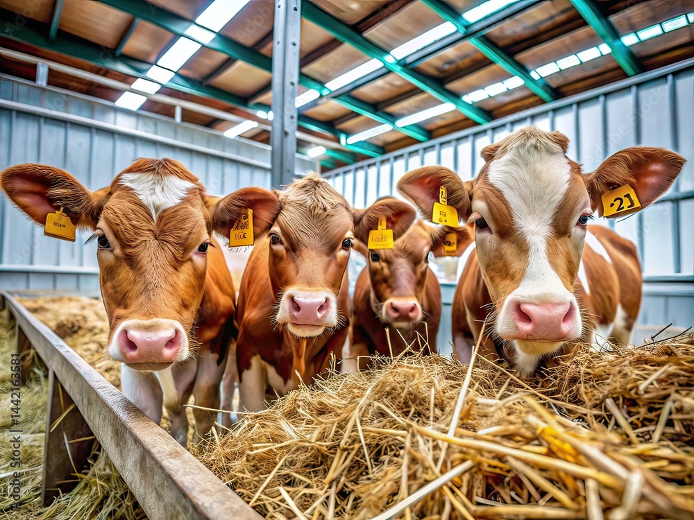 Modern Cowshed Calves Eating Hay - Agriculture Industry Close Up