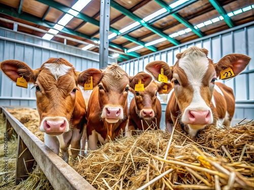 Obraz na płótnie Modern Cowshed Calves Eating Hay - Agriculture Industry Close Up w salonie