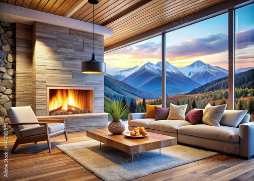 Obraz na płótnie Modern Cozy Living Room with Fireplace, Mountain View w salonie