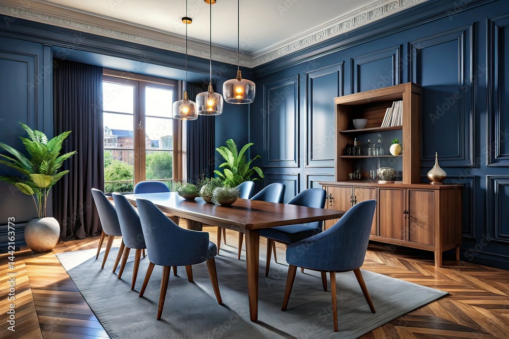 Modern Dark Blue Dining Room Interior Design - High Depth of Field