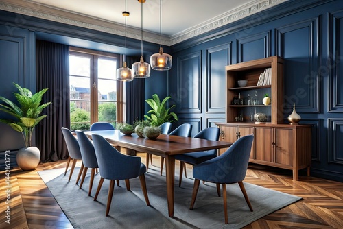 Obraz na płótnie Modern Dark Blue Dining Room Interior Design - High Depth of Field w salonie