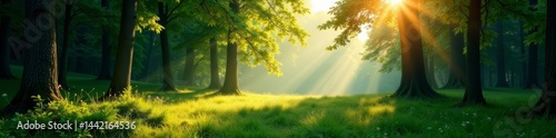 Peaceful glade with sunlight filtering through trees, serene forest landscape, sunlight, trees, tranquil