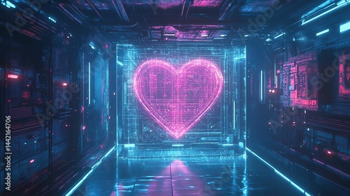 Heart digital interior with neon glowing circuits Futuristic heart in a digital environment.