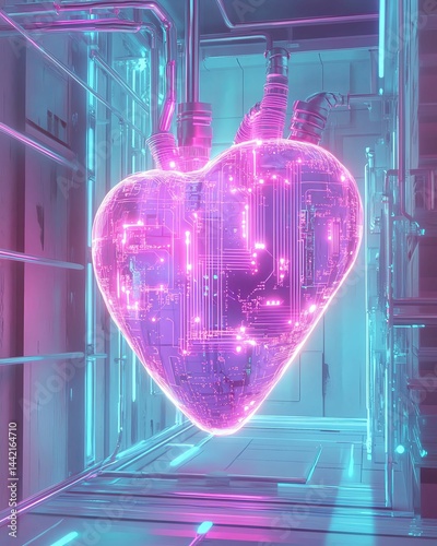 Heart digital interior with neon glowing circuits Futuristic heart shaped circuit design.