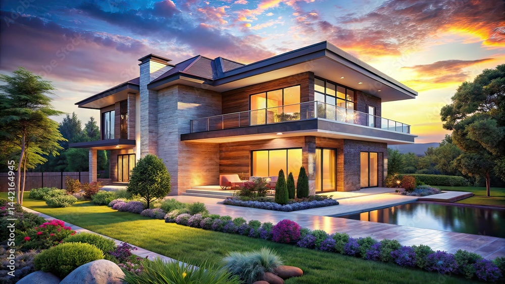 Modern House 3D Rendering - White Background Landscape Photography