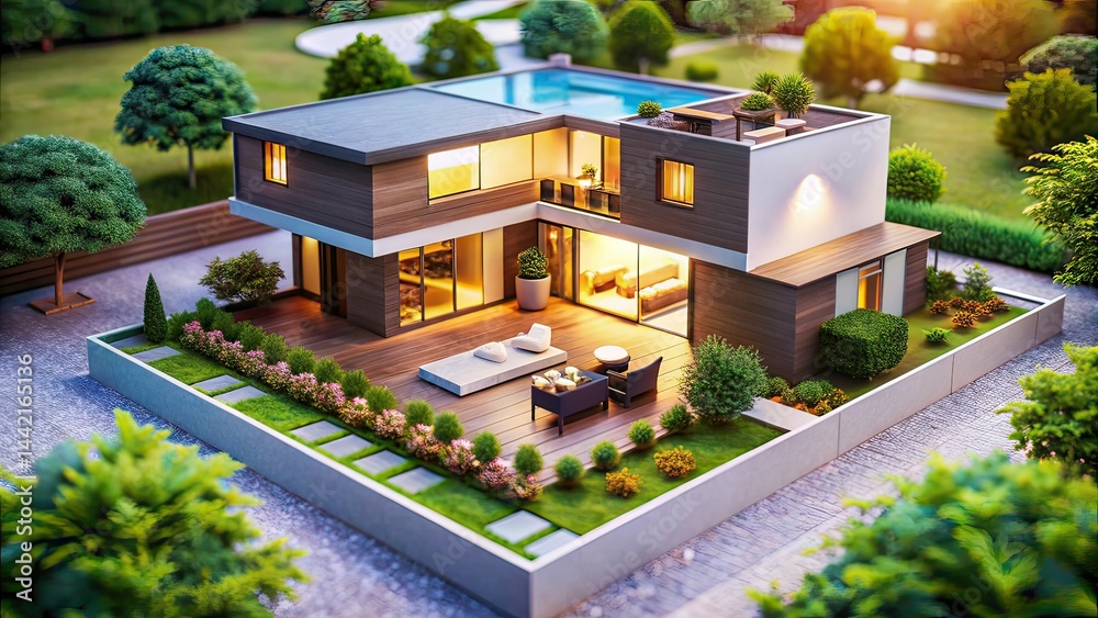 Modern House Courtyard Model - Tilt-Shift Architecture