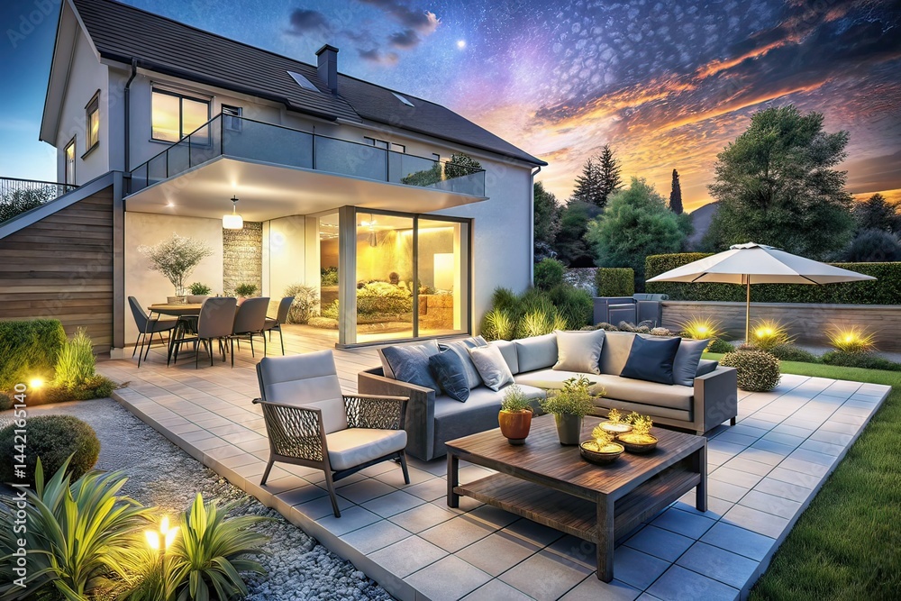 Modern House Terrace Night Garden Furniture - Classic Photo & Charcoal Drawing Collage