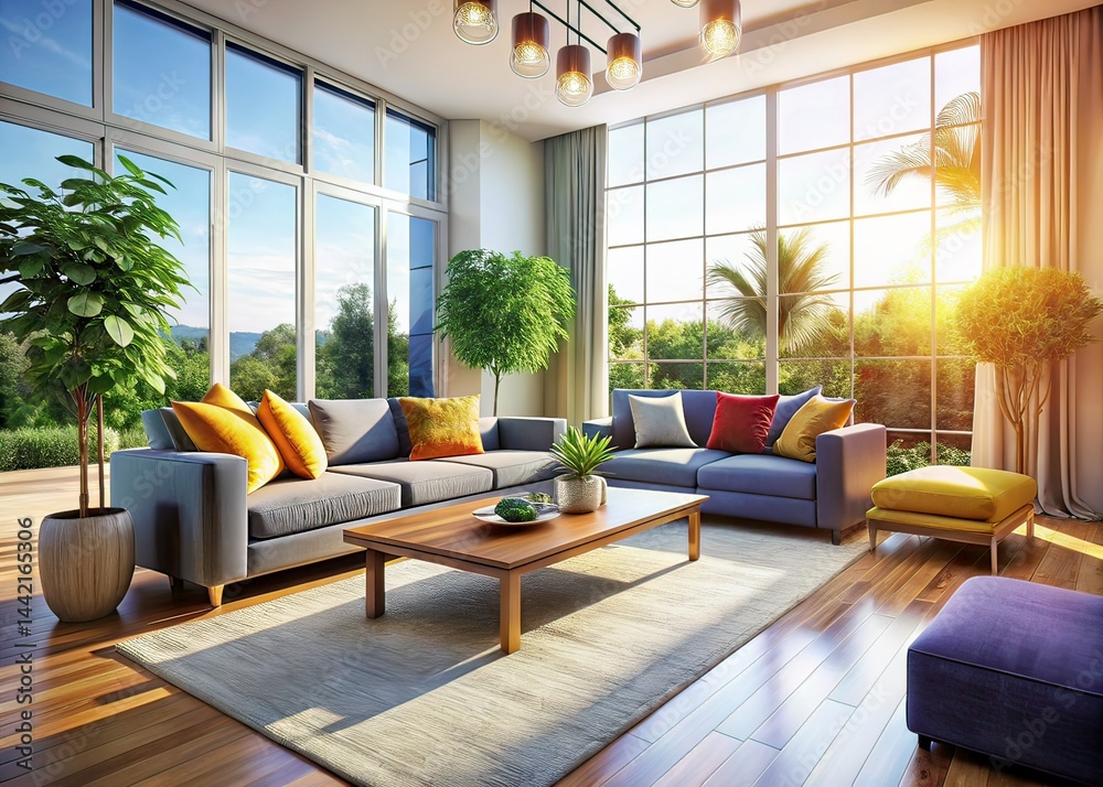 Modern Interior Design, Natural Light, Home Decor, Living Room, Interior Photography, Photorealistic, AI Art, Spacious, Stylish, Bright, Cozy