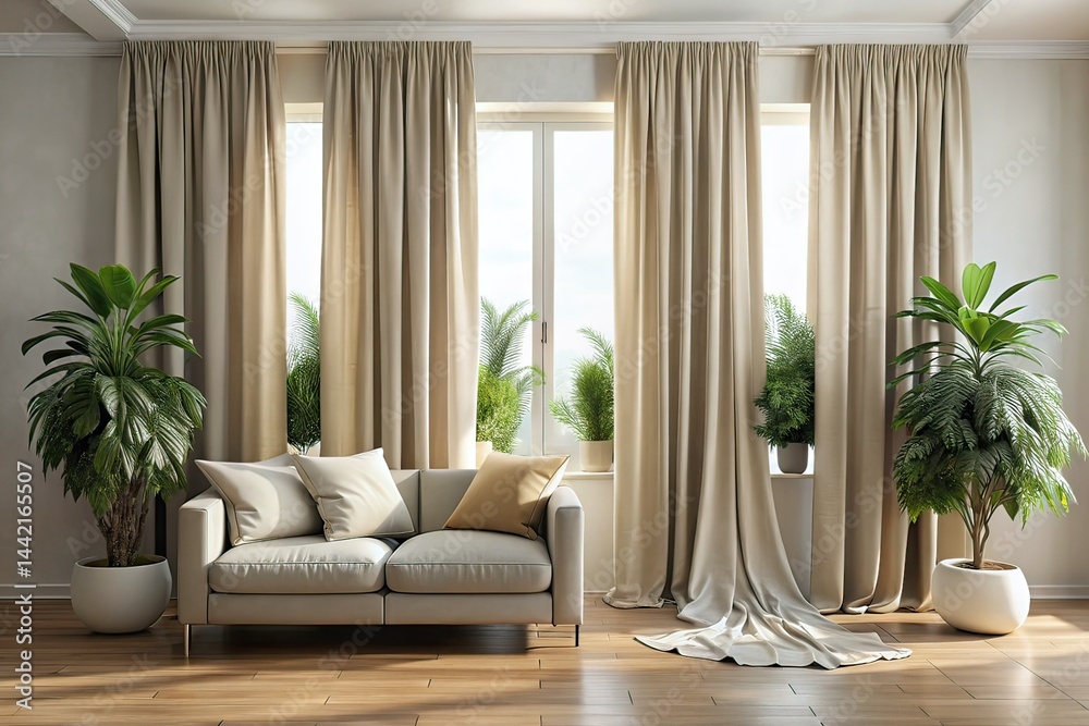 Modern Interior with Flowing Linen Curtains, Plants, and Pillows - AI Photo