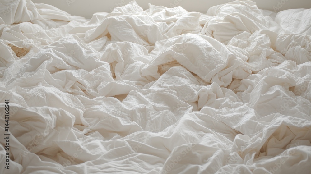 Obraz premium A messy bed with white sheets and rumpled blankets.