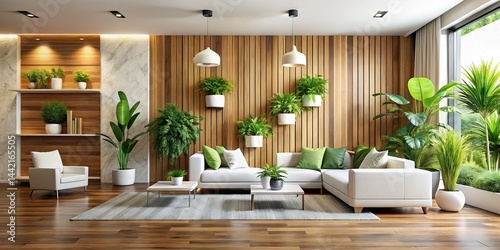Obraz na płótnie Modern Interior Photography - Wooden Accent Wall, White Furniture, Plants w salonie