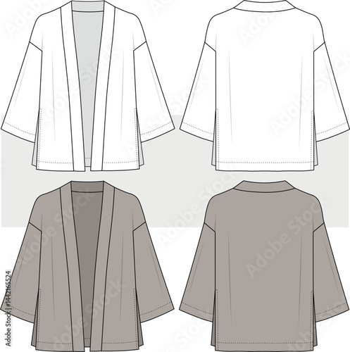 Unisex kimono fashion design technical drawing, flat sketch fashion illustration, vector. front and back view. unisex, CAD mock set.