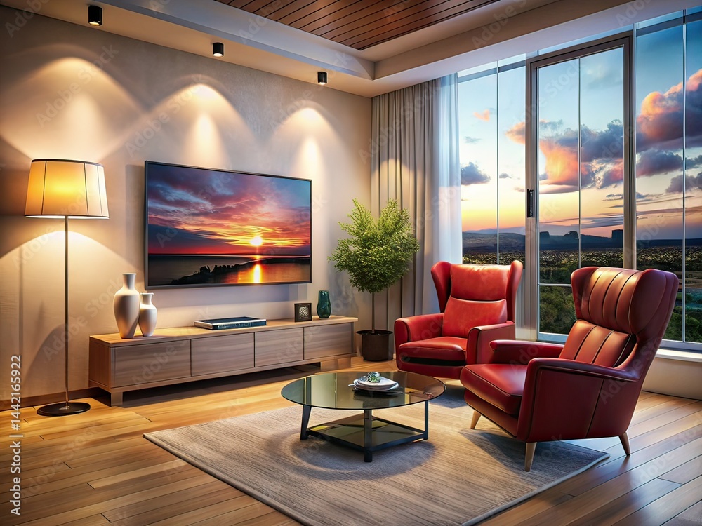 Modern Living Room, Red Chair, Flat Screen TV, Low Light Photography, Interior Design