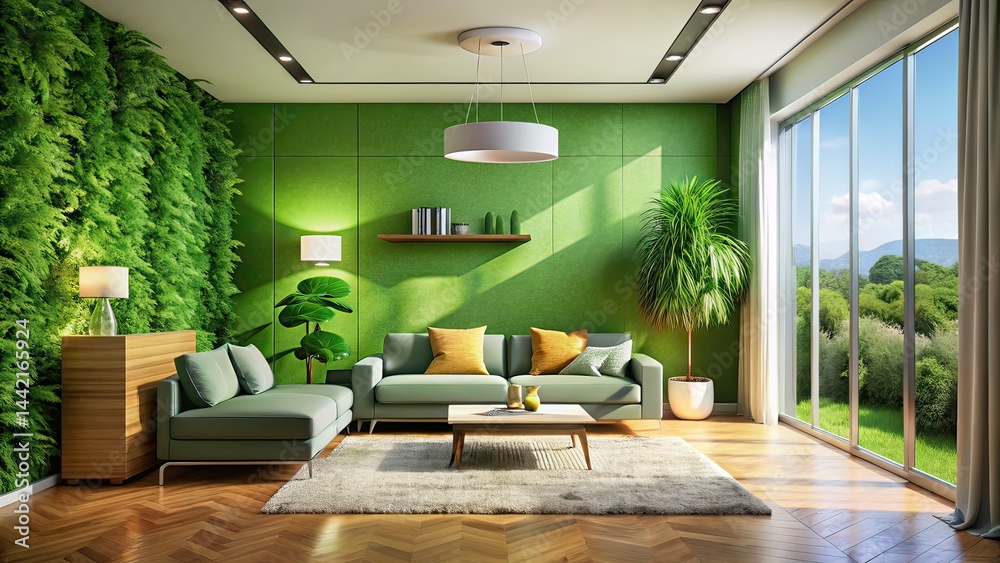 Modern Living Room Aerial View Green Wall AC