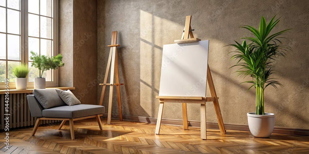 Modern Living Room Interior Design: Wooden Easel with Blank Canvas